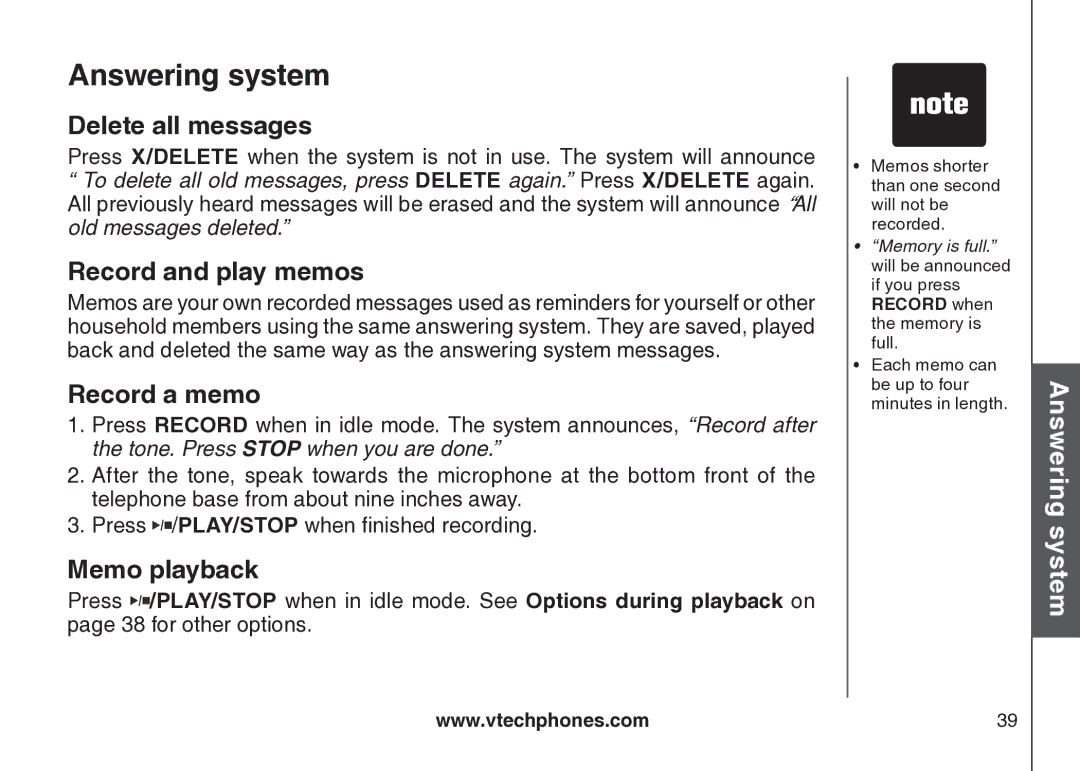 VTech cs5121 important safety instructions Delete all messages, Record and play memos, Record a memo, Memo playback 