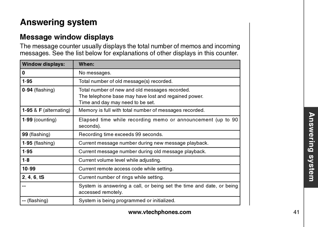 VTech cs5121 important safety instructions Message window displays, Window displays When 