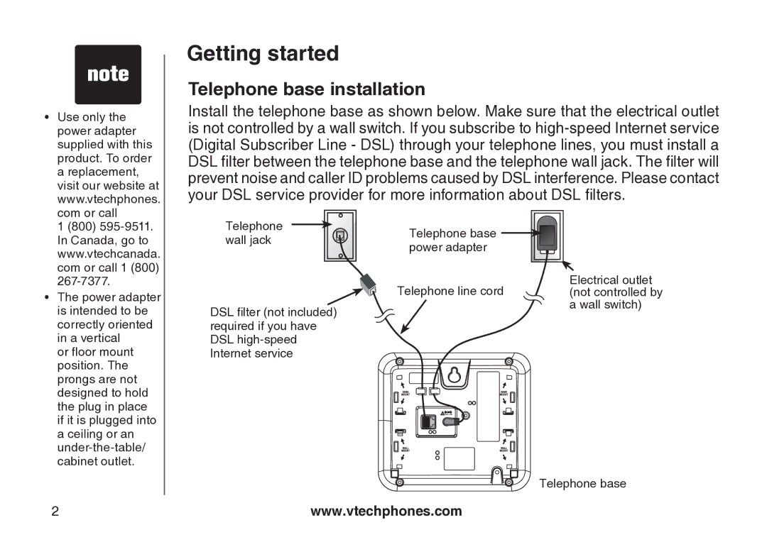 VTech cs5121 important safety instructions Telephone base installation 