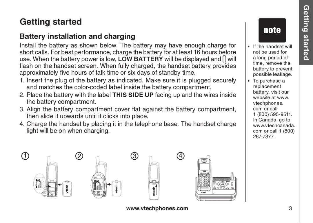 VTech cs5121 important safety instructions Battery installation and charging 