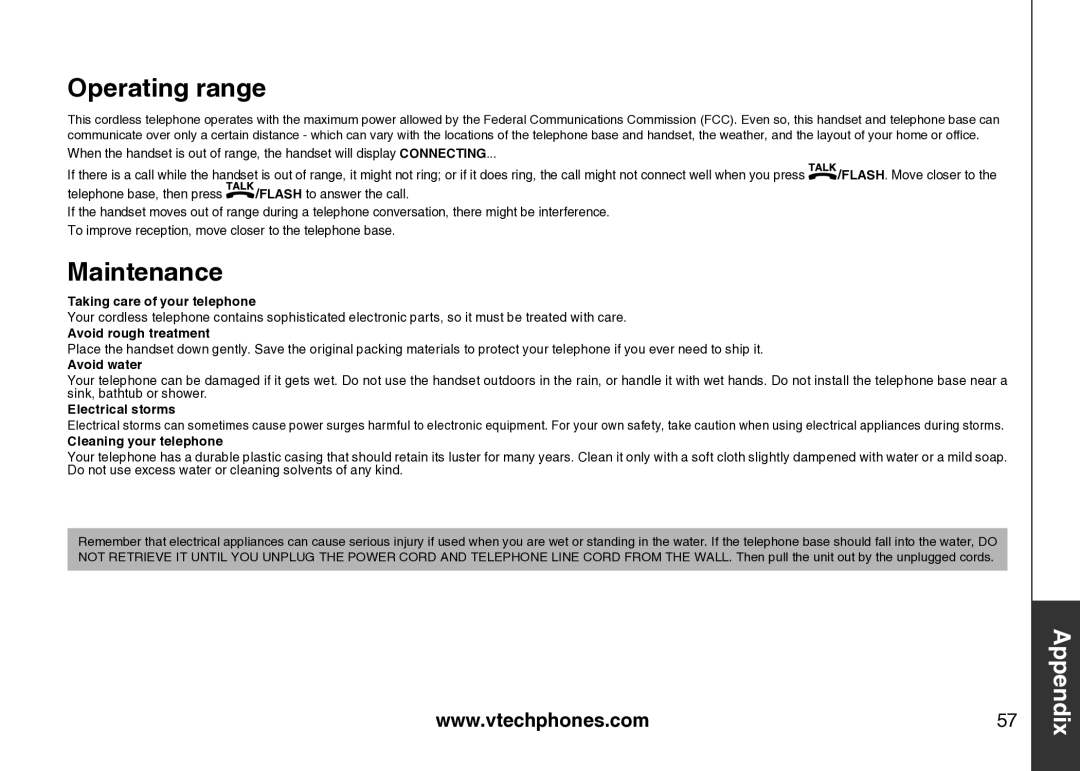 VTech cs5121 important safety instructions Operating range, Maintenance 