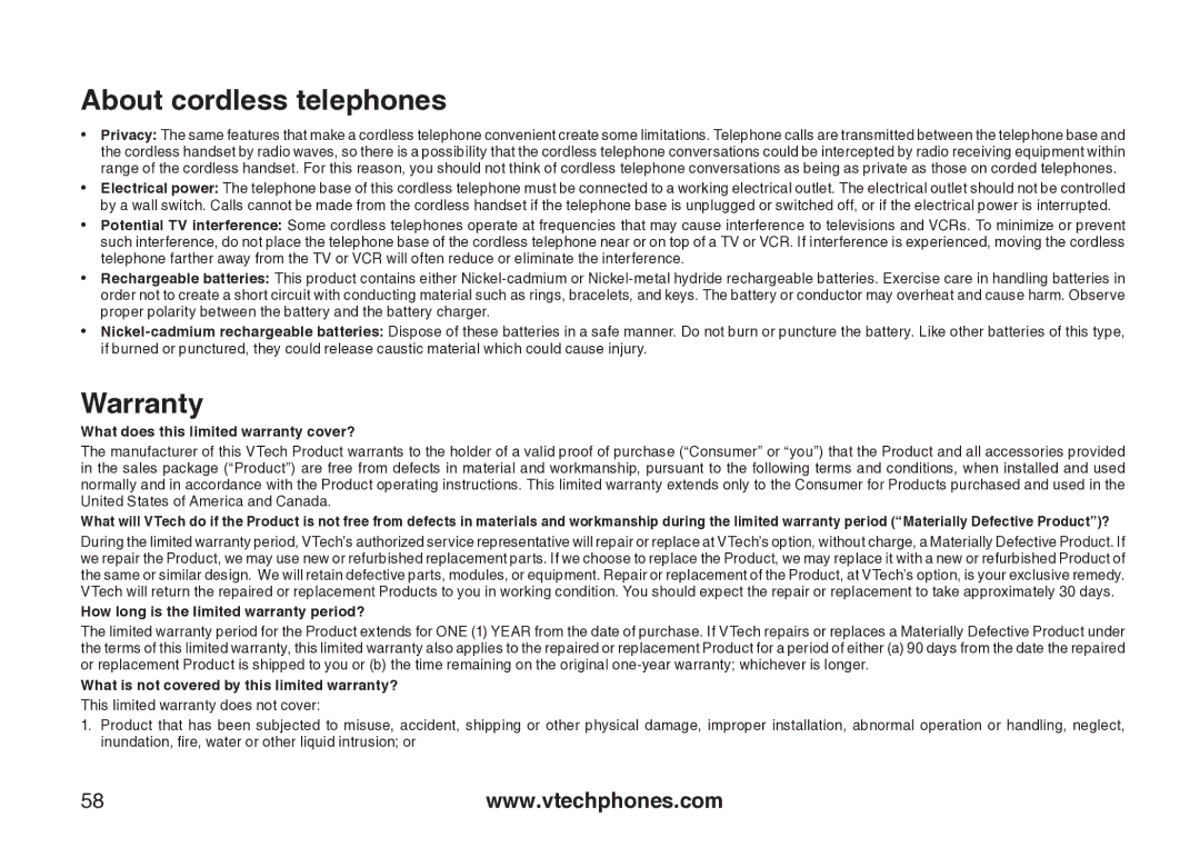 VTech cs5121 important safety instructions About cordless telephones, Warranty 