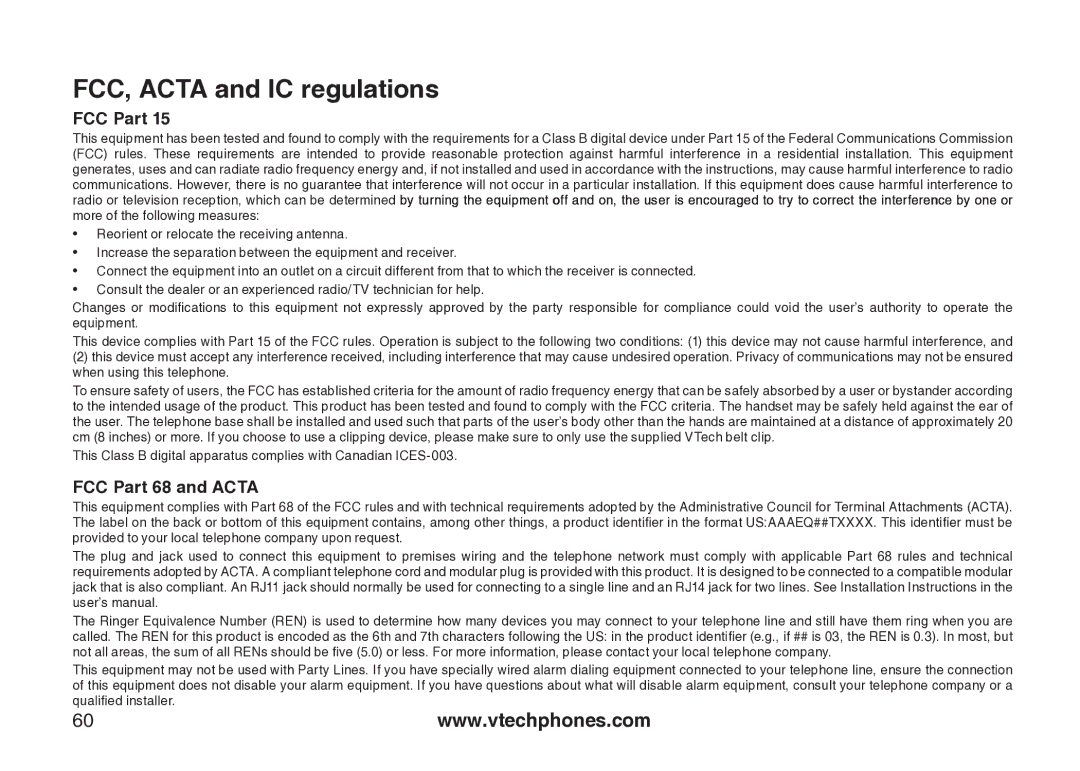 VTech cs5121 important safety instructions FCC, Acta and IC regulations, FCC Part 