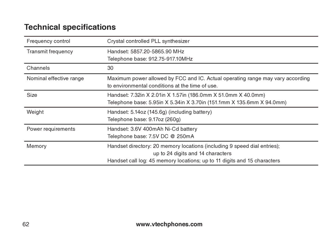 VTech cs5121 important safety instructions Technical specifications 