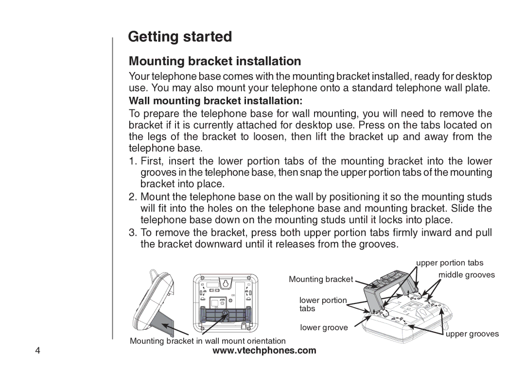 VTech cs5121 important safety instructions Mounting bracket installation, Wall mounting bracket installation 