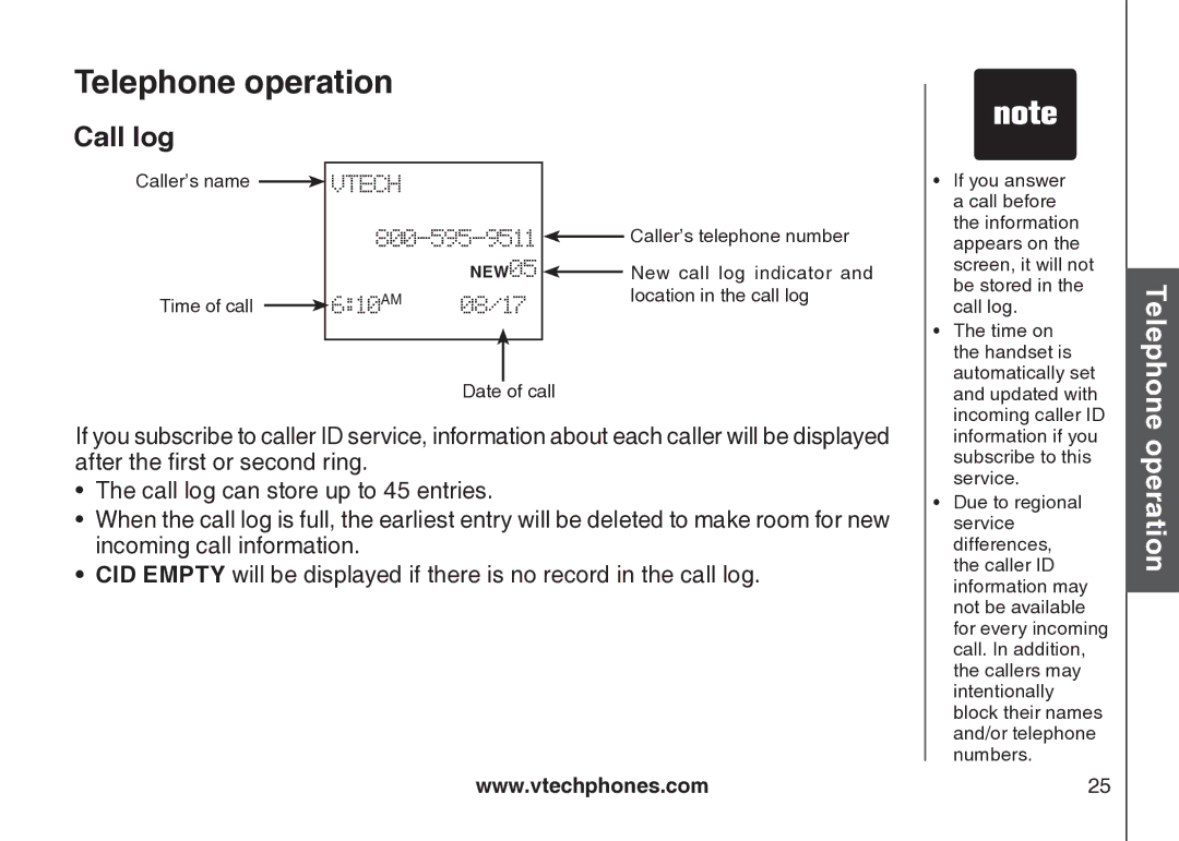 VTech CS5123 user manual Call log 