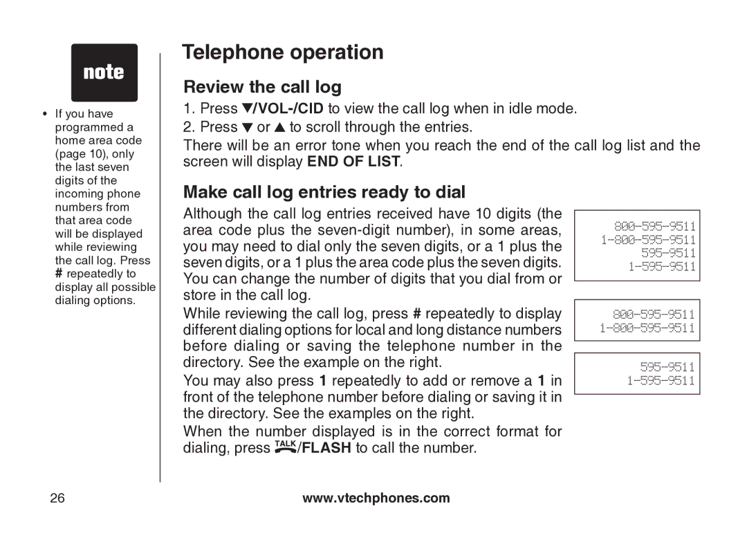 VTech CS5123 user manual Review the call log, Make call log entries ready to dial 