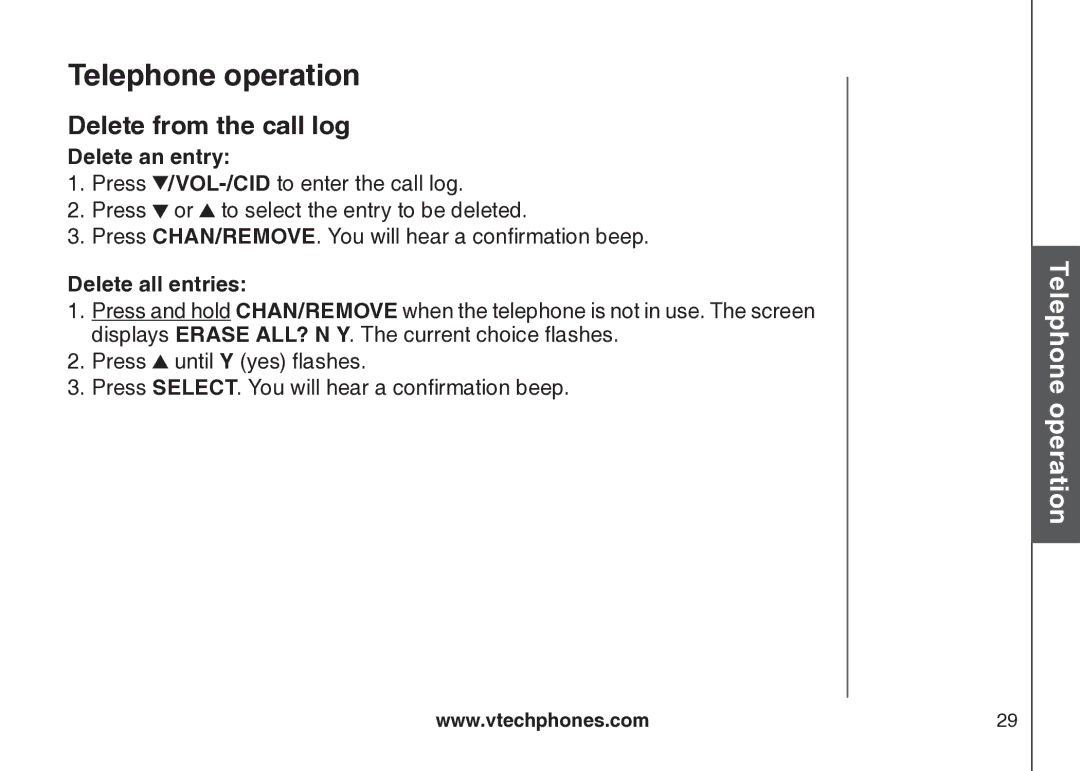 VTech CS5123 user manual Delete from the call log, Delete an entry 