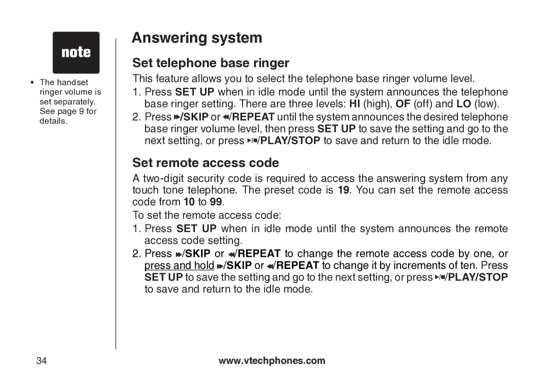 VTech CS5123 user manual Set telephone base ringer, Set remote access code 