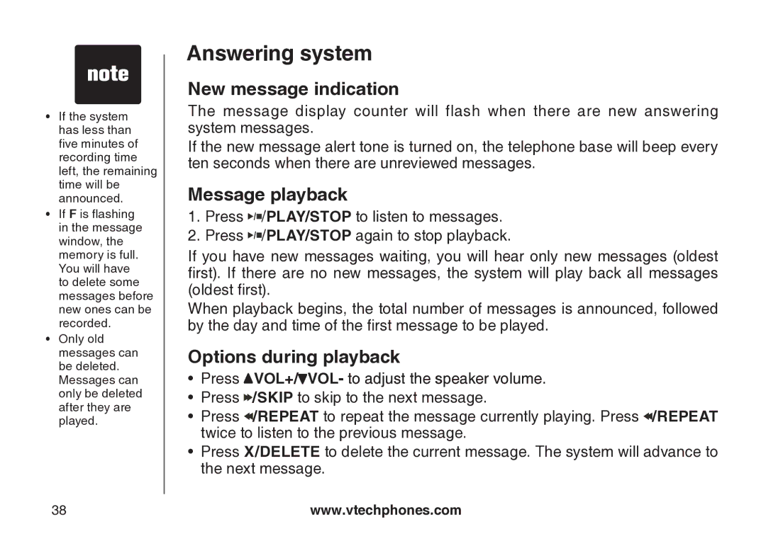 VTech CS5123 user manual New message indication, Message playback, Options during playback 