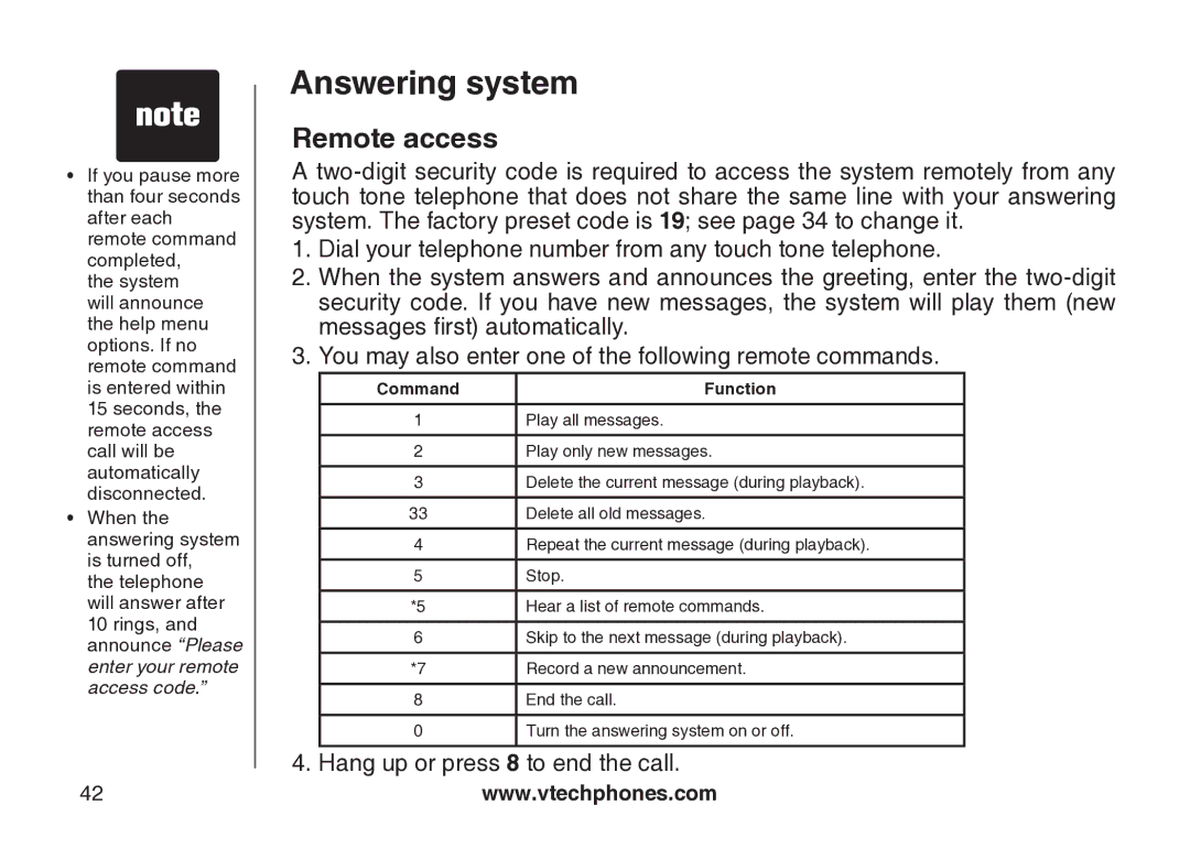 VTech CS5123 user manual Remote access, Command Function 