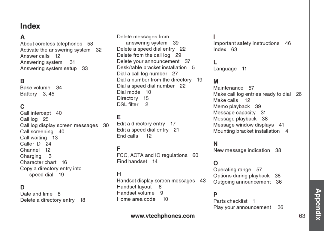 VTech CS5123 user manual Index 