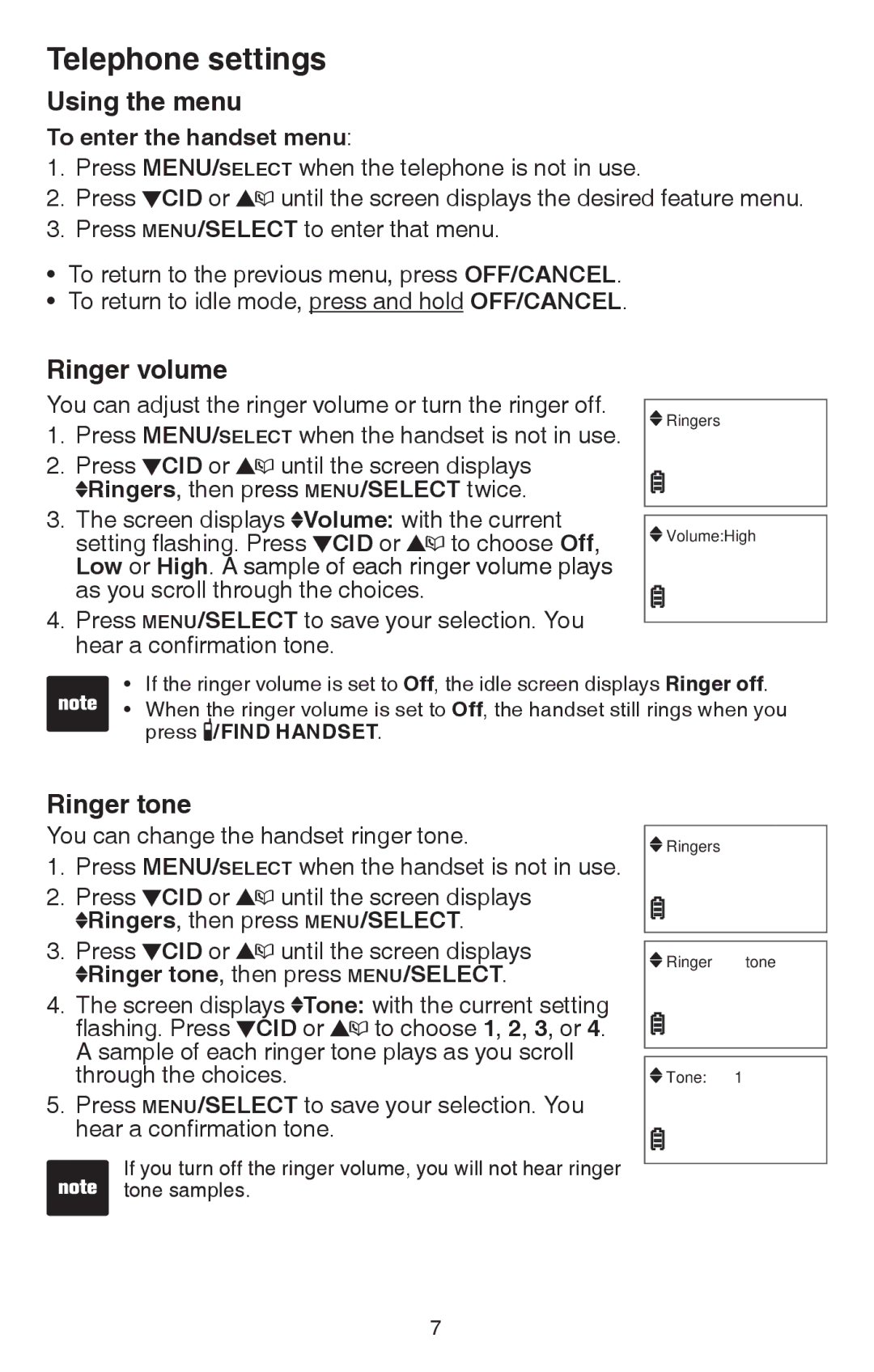 VTech CS6114-2 user manual Telephone settings, Using the menu, Ringer volume, Ringer tone, To enter the handset menu 