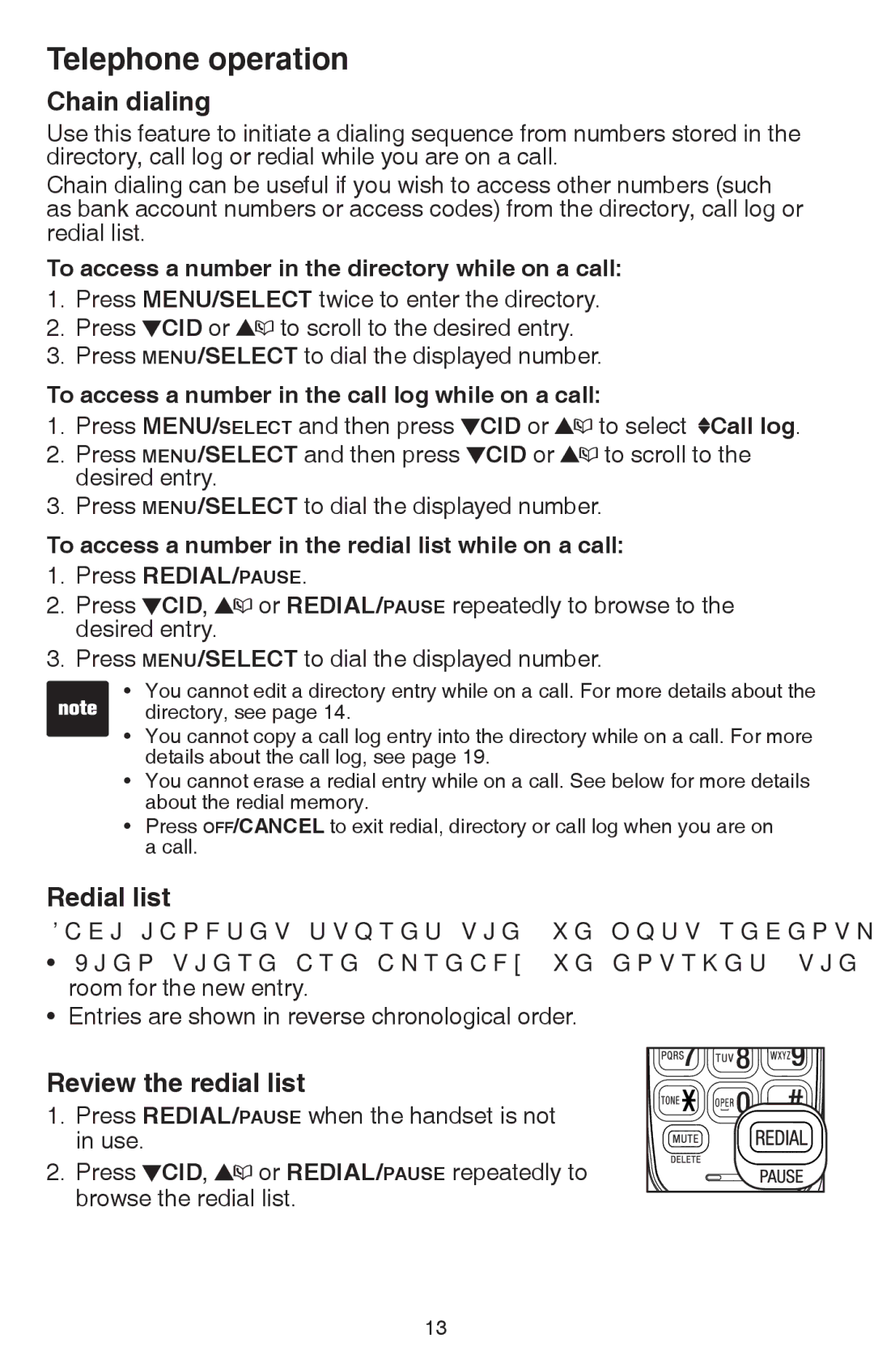 VTech CS6114-2 user manual Chain dialing, Redial list, Review the redial list 