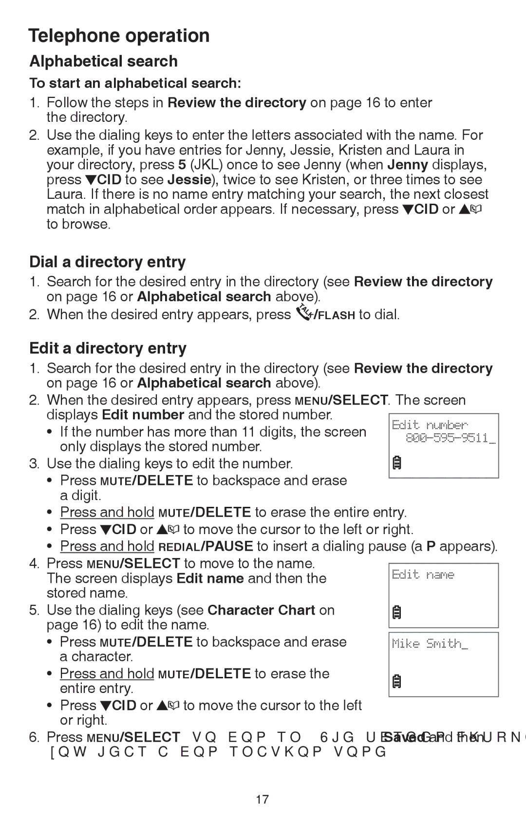 VTech CS6114-2 Alphabetical search, Dial a directory entry, Edit a directory entry, To start an alphabetical search 