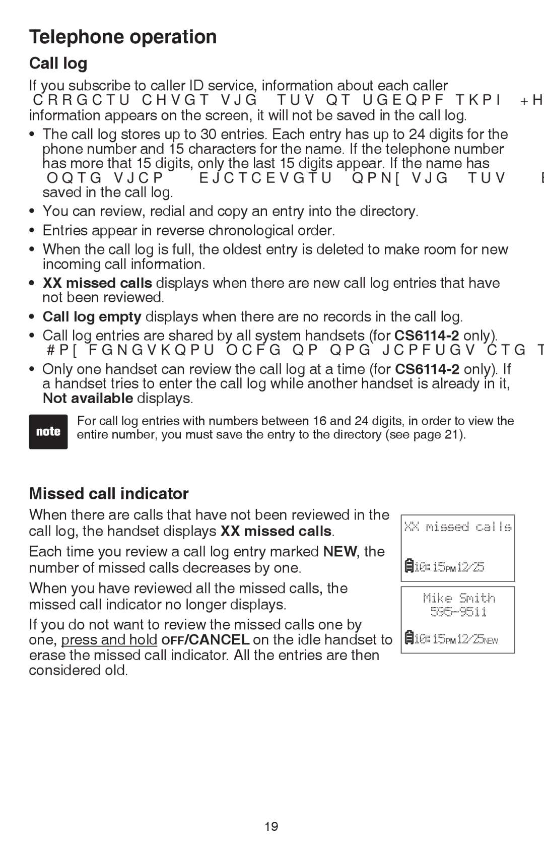 VTech CS6114-2 user manual Call log, Missed call indicator 