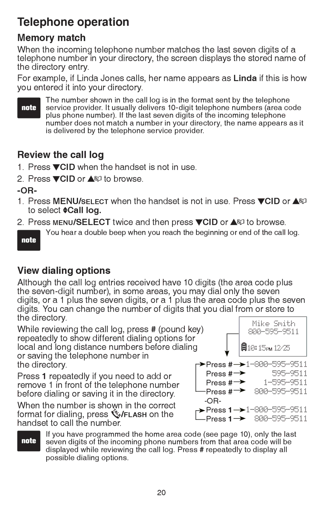 VTech CS6114-2 user manual Memory match, Review the call log, View dialing options 