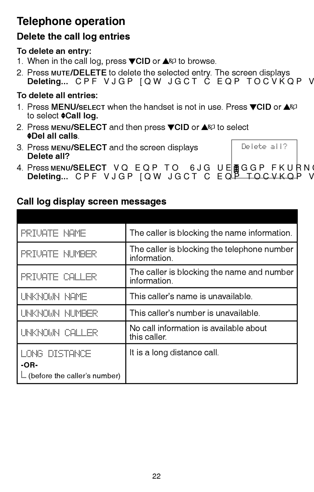 VTech CS6114-2 user manual Delete the call log entries, Call log display screen messages 