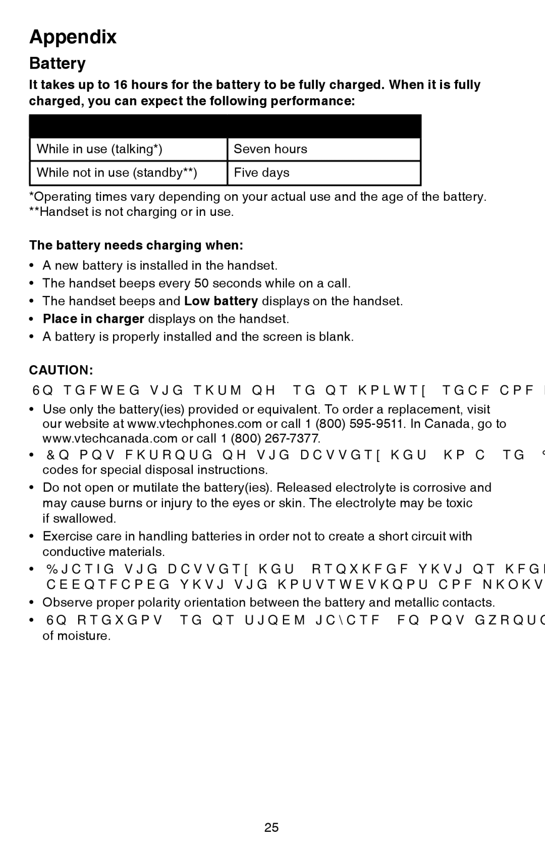 VTech CS6114-2 user manual Battery needs charging when 