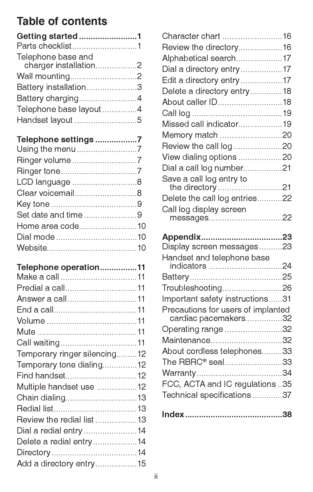 VTech CS6114-2 user manual Table of contents 