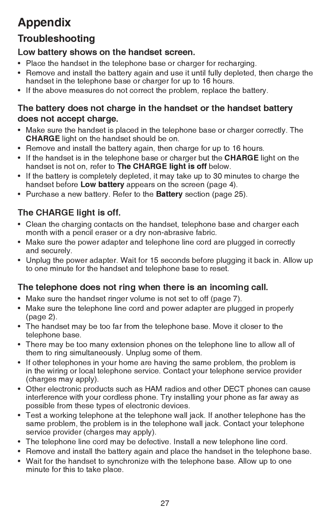 VTech CS6114-2 user manual Low battery shows on the handset screen, Charge light is off 