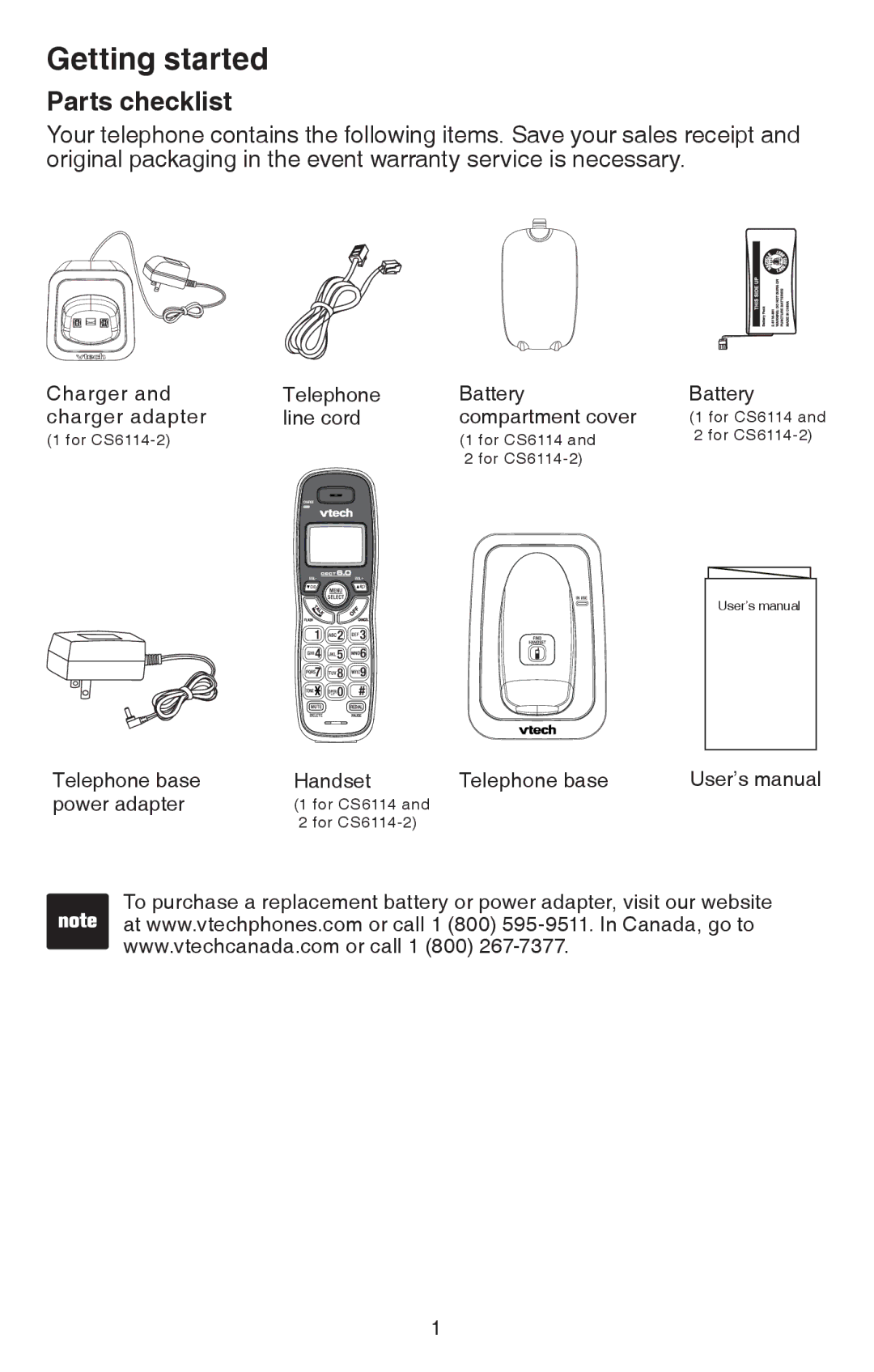 VTech CS6114-2 user manual Getting started, Parts checklist 