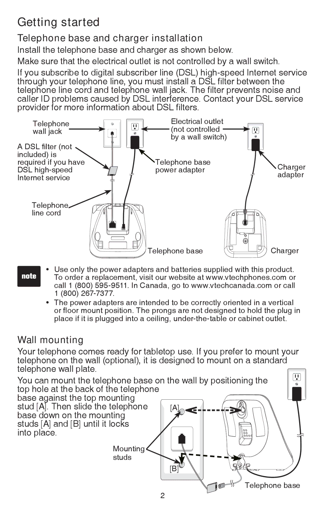 VTech CS6114-2 user manual Telephone base and charger installation, Wall mounting 