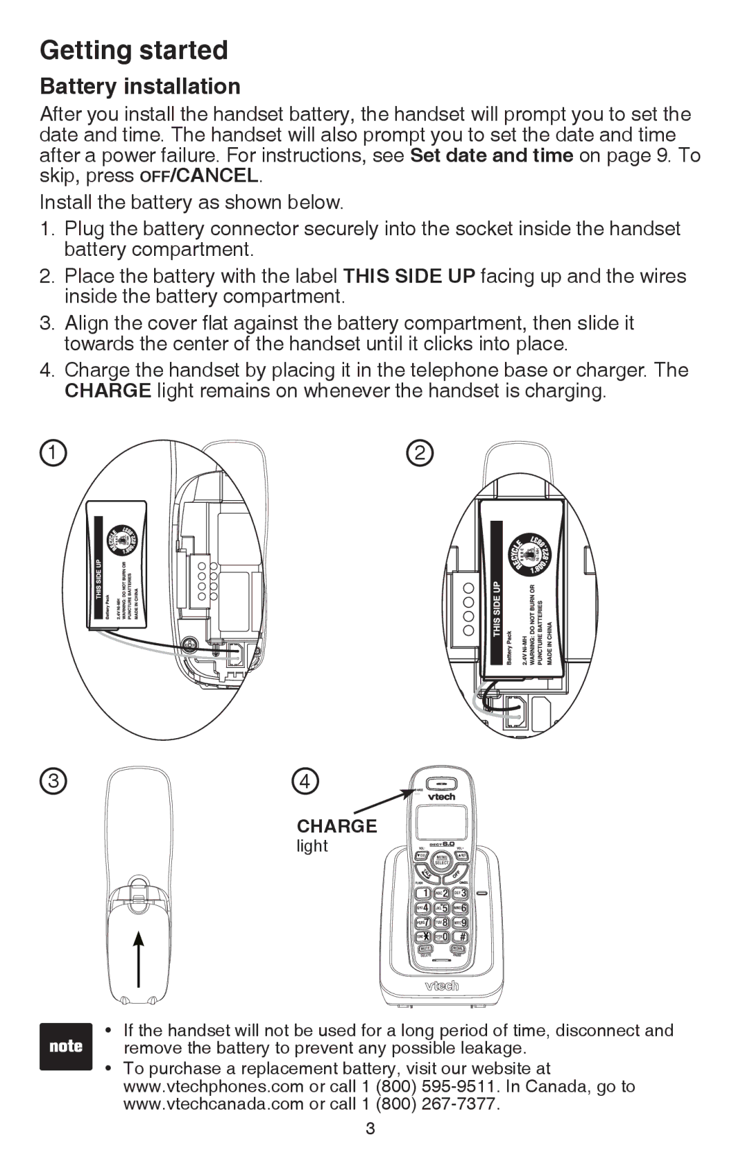 VTech CS6114-2 user manual Battery installation, Charge 