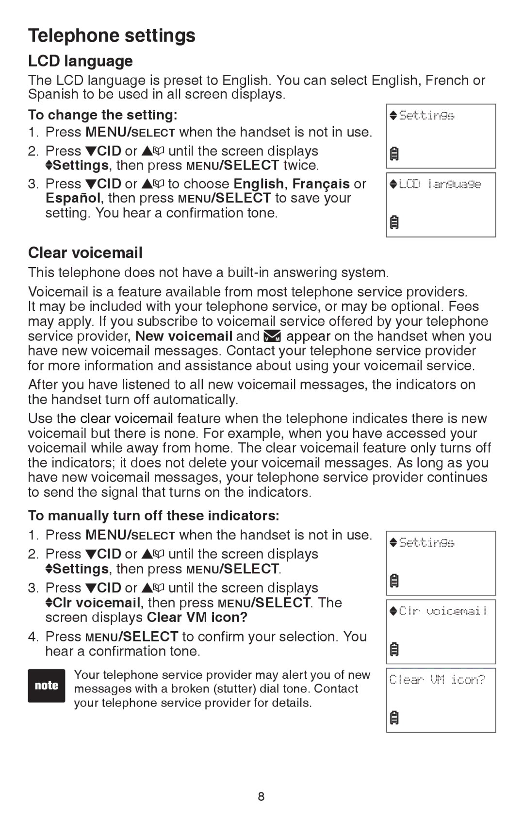 VTech CS6114 user manual LCD language, Clear voicemail, To change the setting, To manually turn off these indicators 