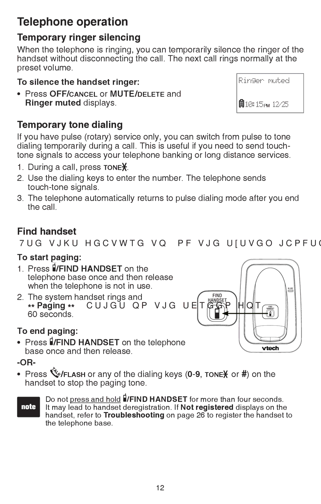 VTech CS6114 user manual Temporary ringer silencing, Temporary tone dialing, Find handset 