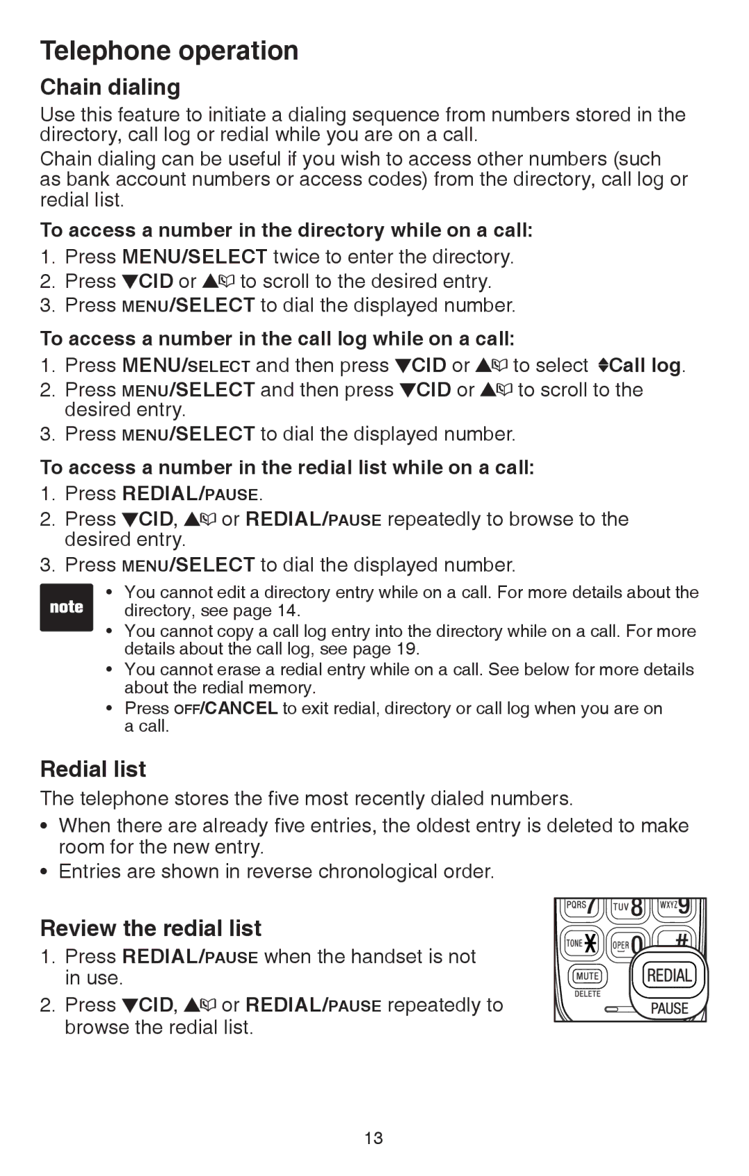 VTech CS6114 user manual Chain dialing, Redial list, Review the redial list 