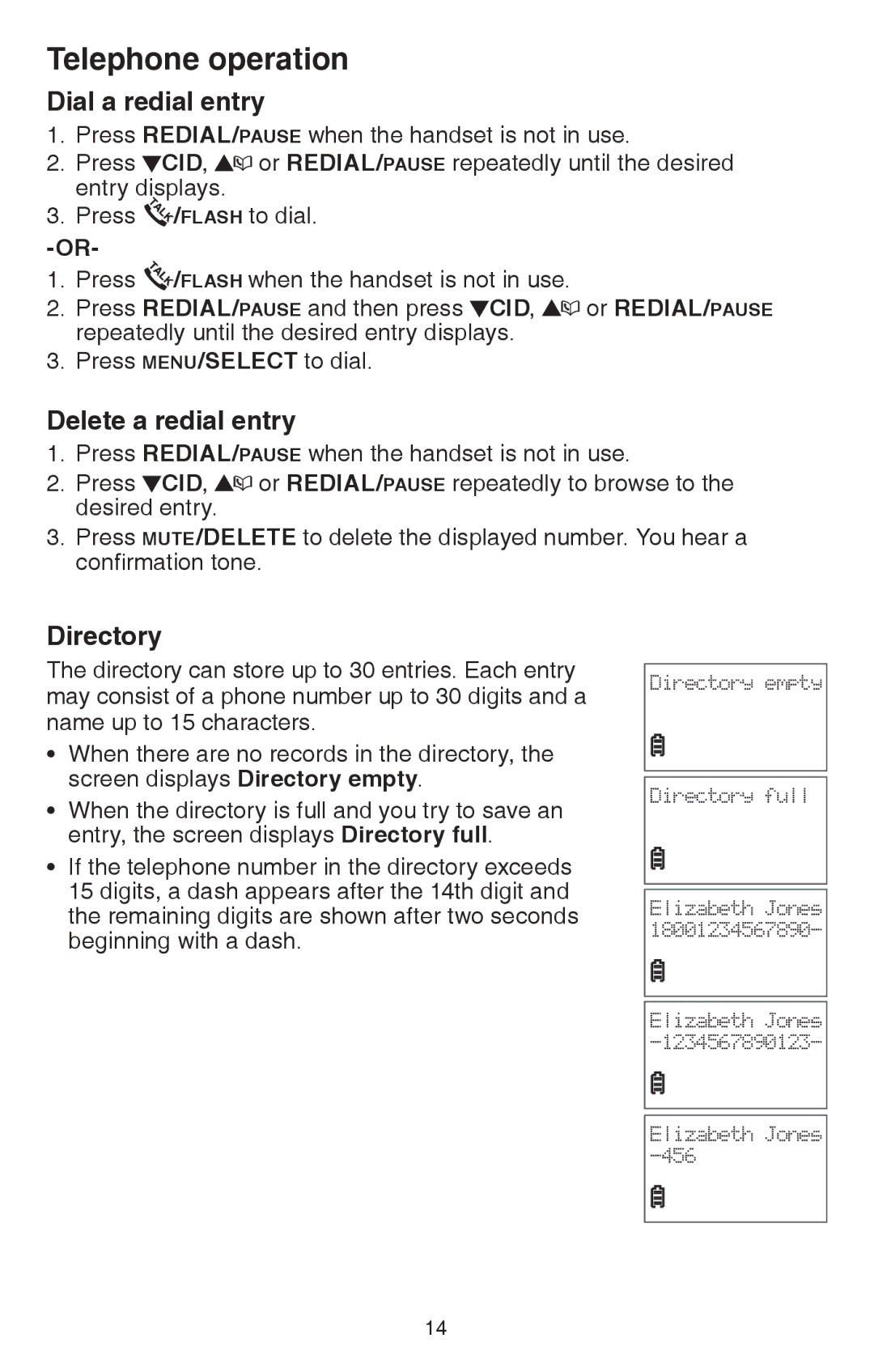 VTech CS6114 user manual Dial a redial entry, Delete a redial entry, Directory 