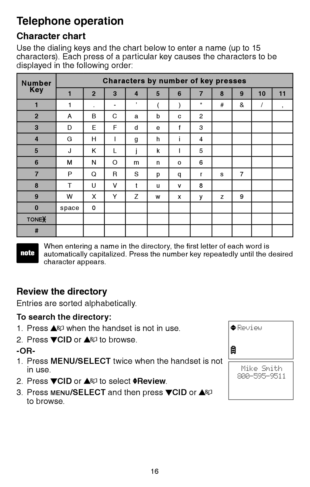 VTech CS6114 user manual Character chart, Review the directory, To search the directory 