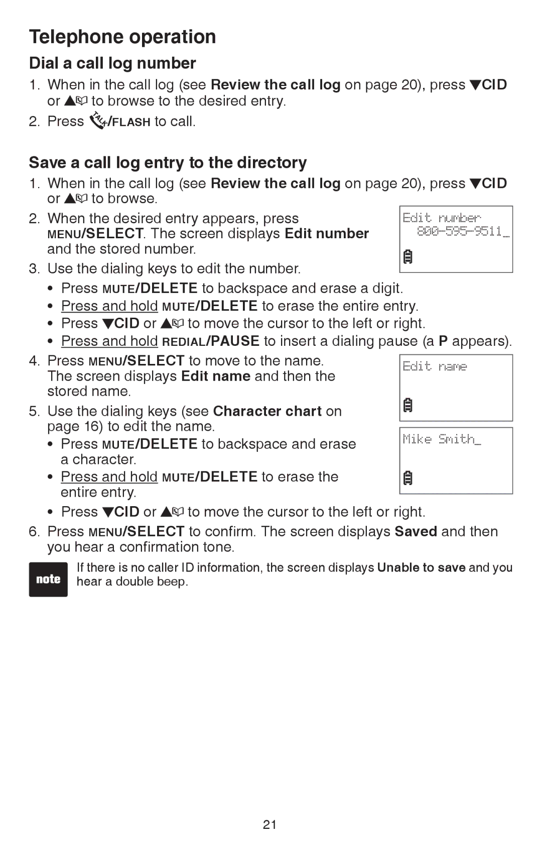 VTech CS6114 user manual Dial a call log number, Save a call log entry to the directory 