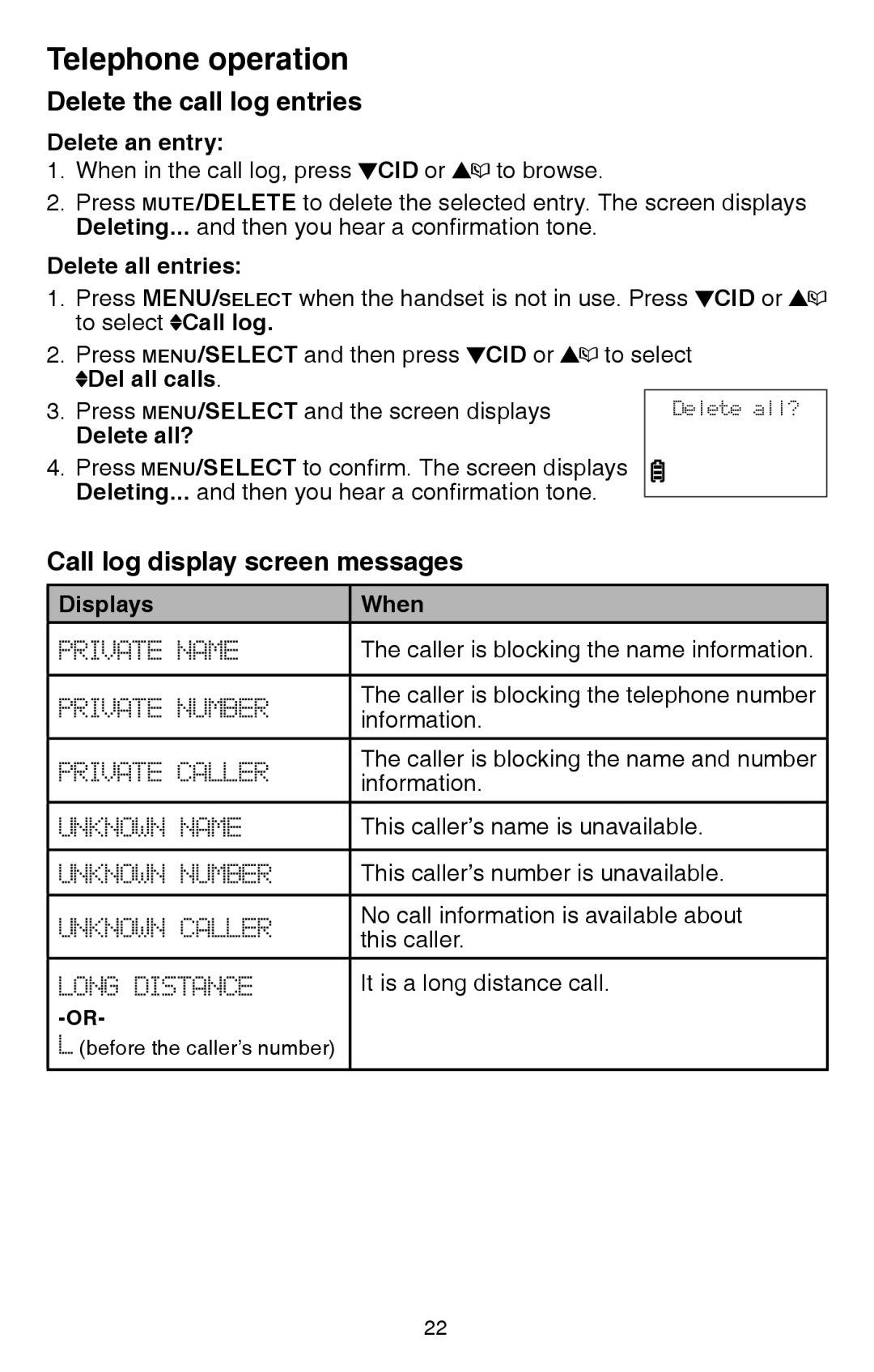 VTech CS6114 user manual Delete the call log entries, Call log display screen messages 