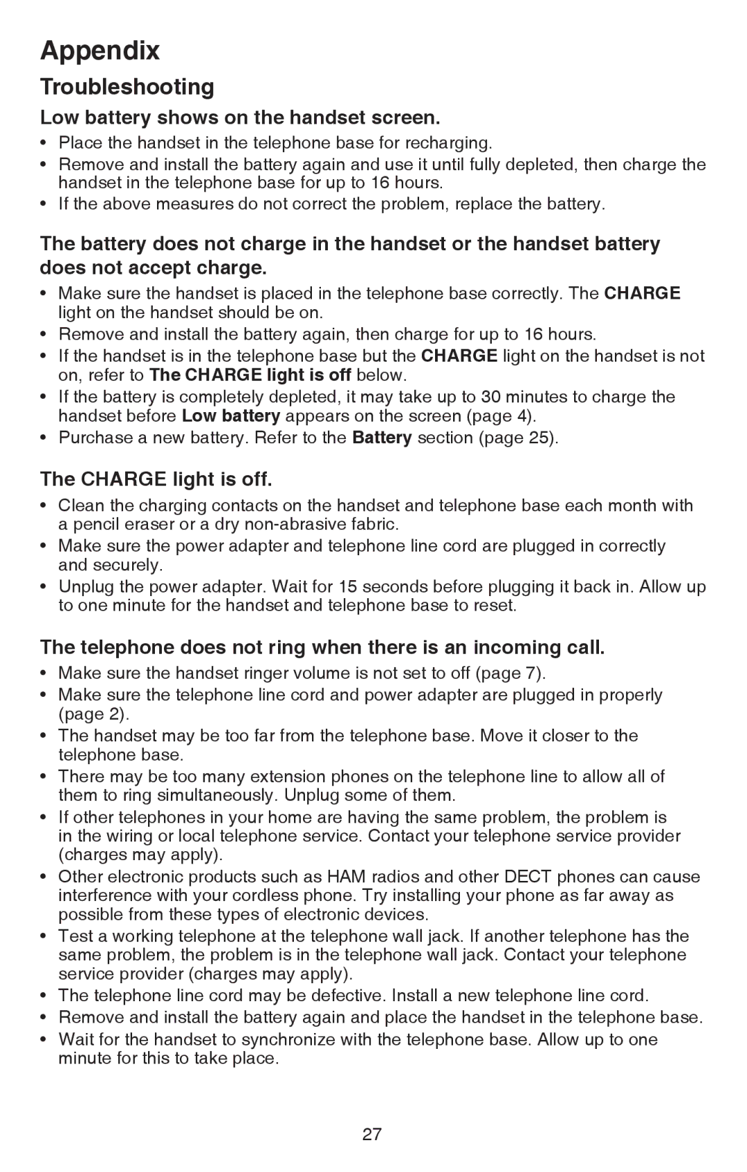 VTech CS6114 user manual Low battery shows on the handset screen, Charge light is off 