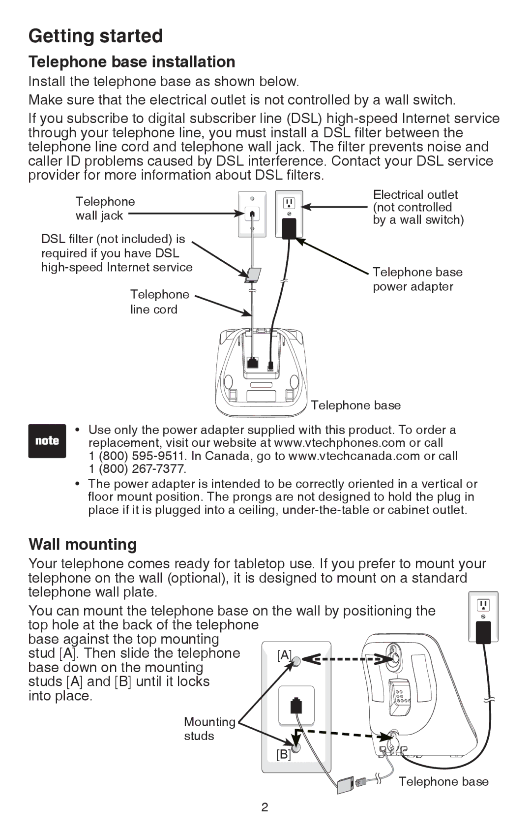 VTech CS6114 user manual Telephone base installation, Wall mounting 