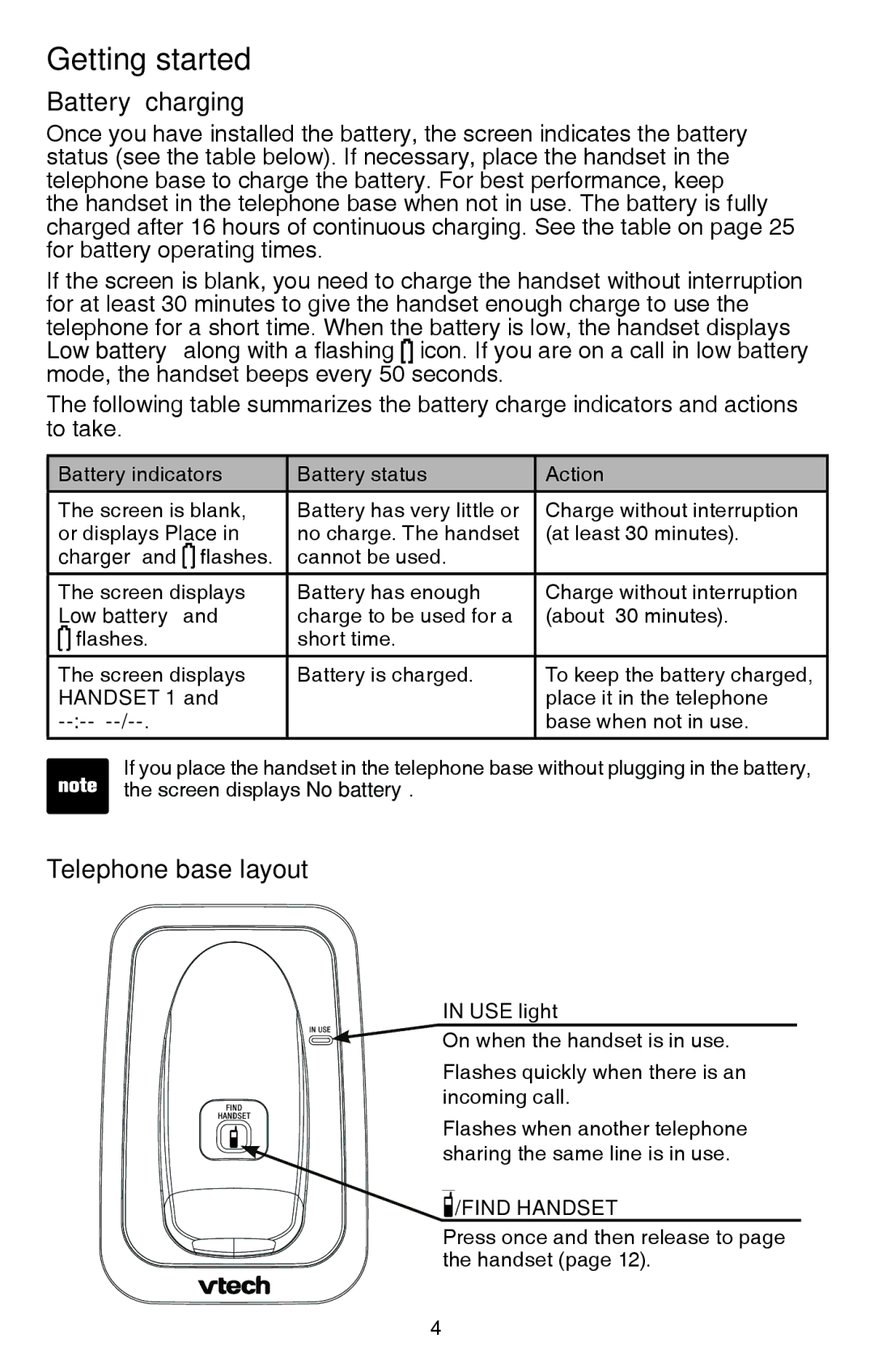 VTech CS6114 user manual Battery charging, Telephone base layout 