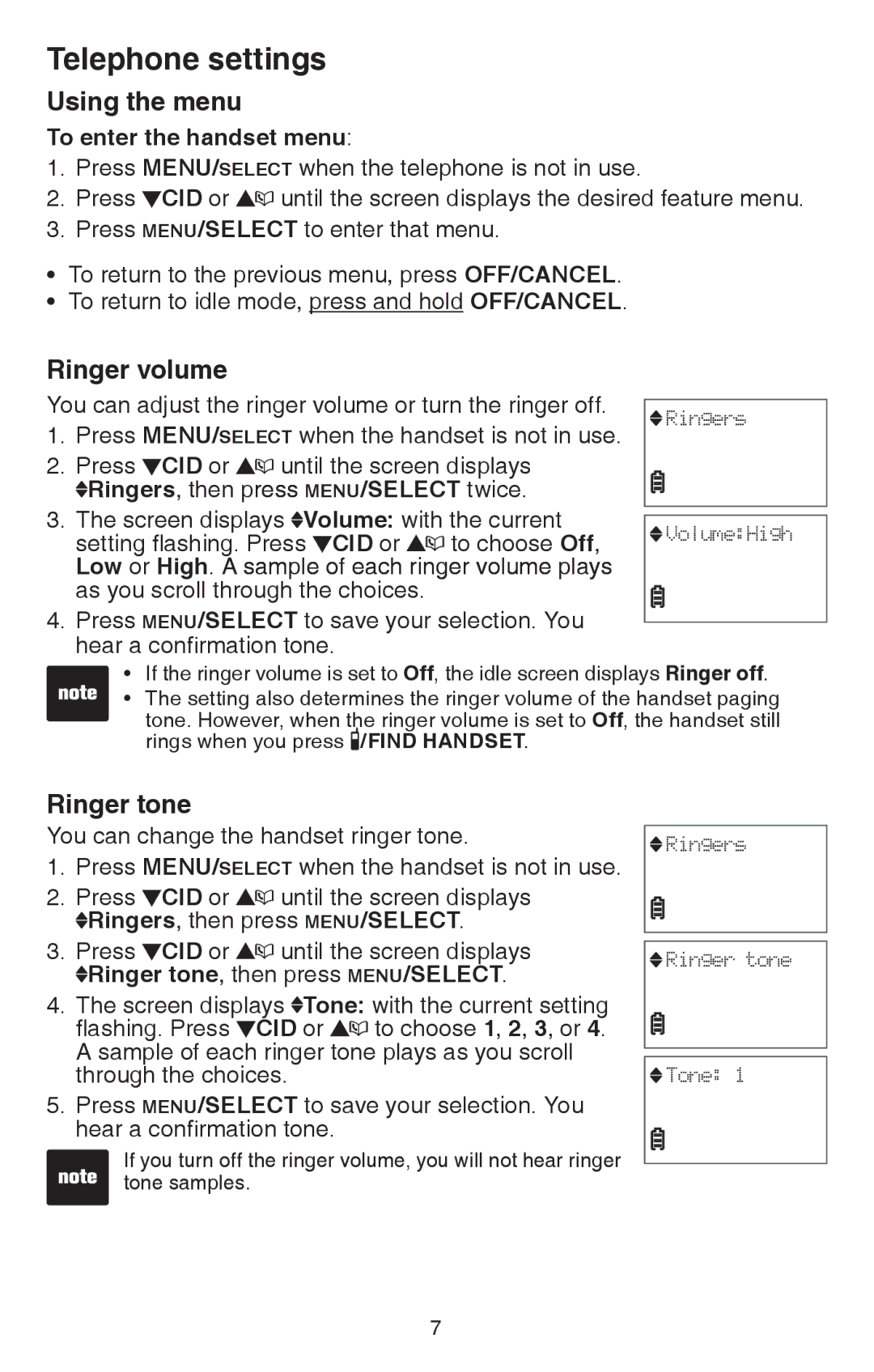 VTech CS6114 user manual Telephone settings, Using the menu, Ringer volume, Ringer tone, To enter the handset menu 