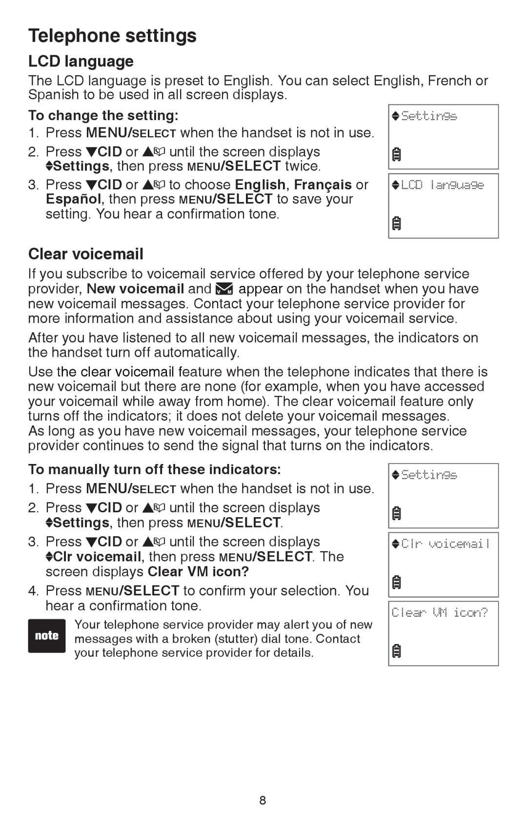 VTech CS6114 user manual LCD language, Clear voicemail, To change the setting, To manually turn off these indicators 