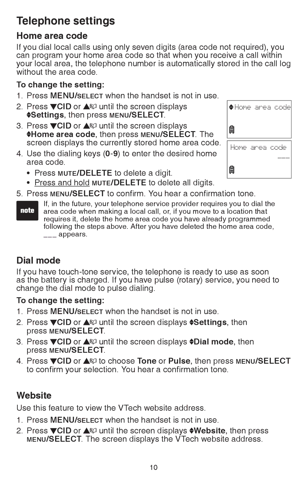 VTech CS6114 user manual Home area code, Dial mode, Website 