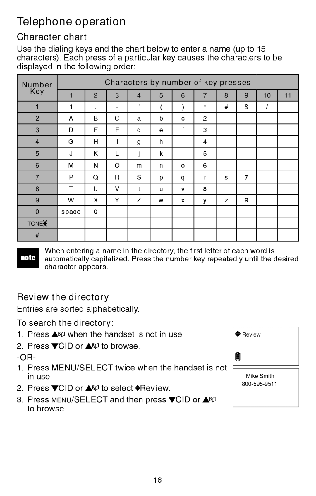 VTech CS6114 user manual Character chart, Review the directory, To search the directory 