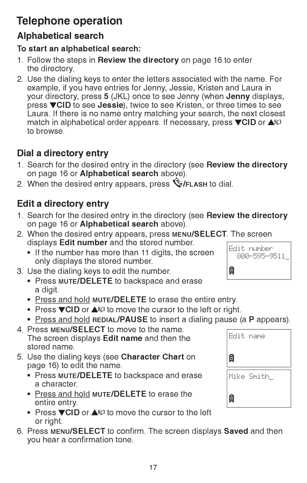 VTech CS6114 Alphabetical search, Dial a directory entry, Edit a directory entry, To start an alphabetical search 