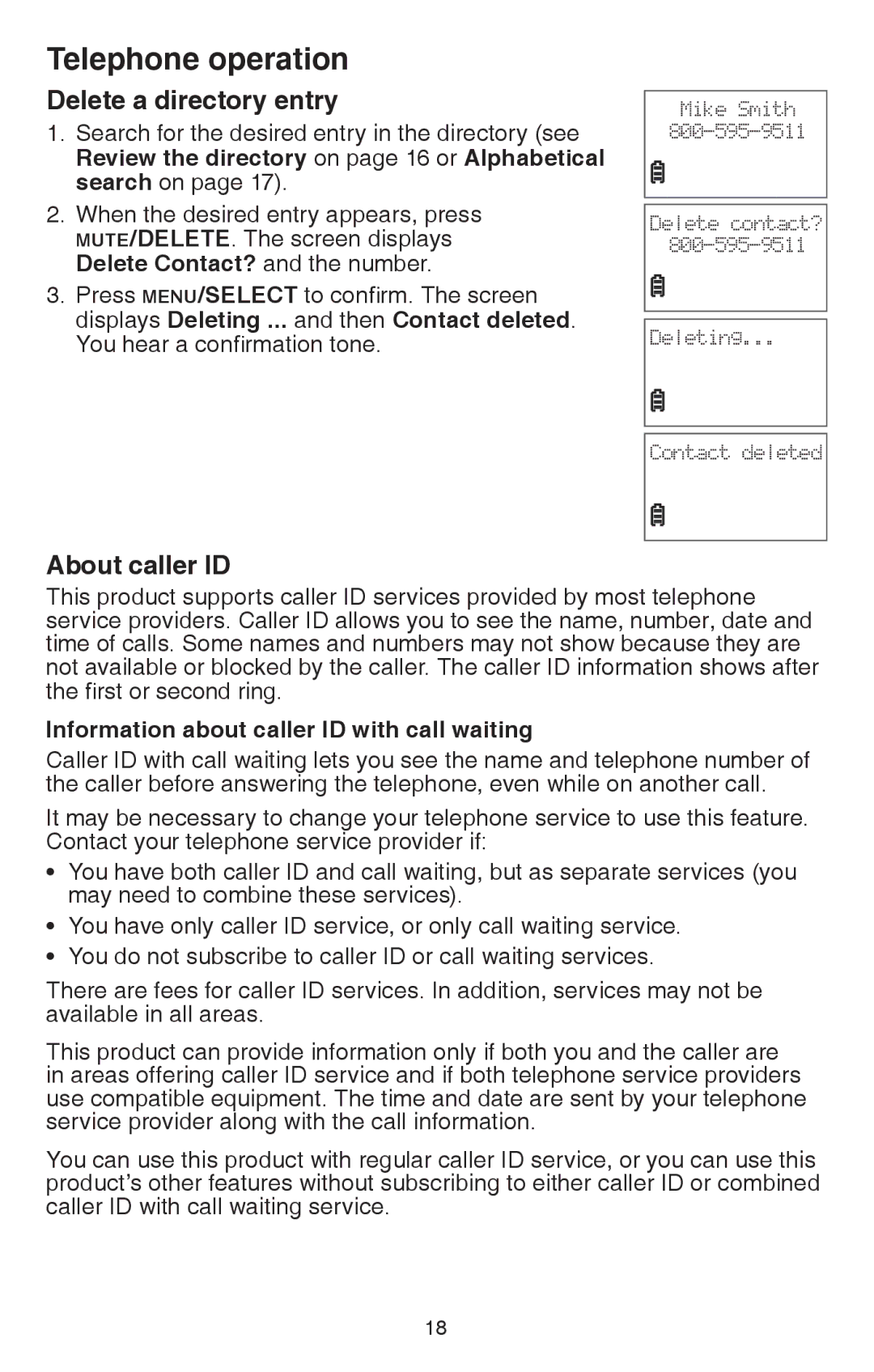 VTech CS6114 user manual Delete a directory entry, About caller ID, Information about caller ID with call waiting 