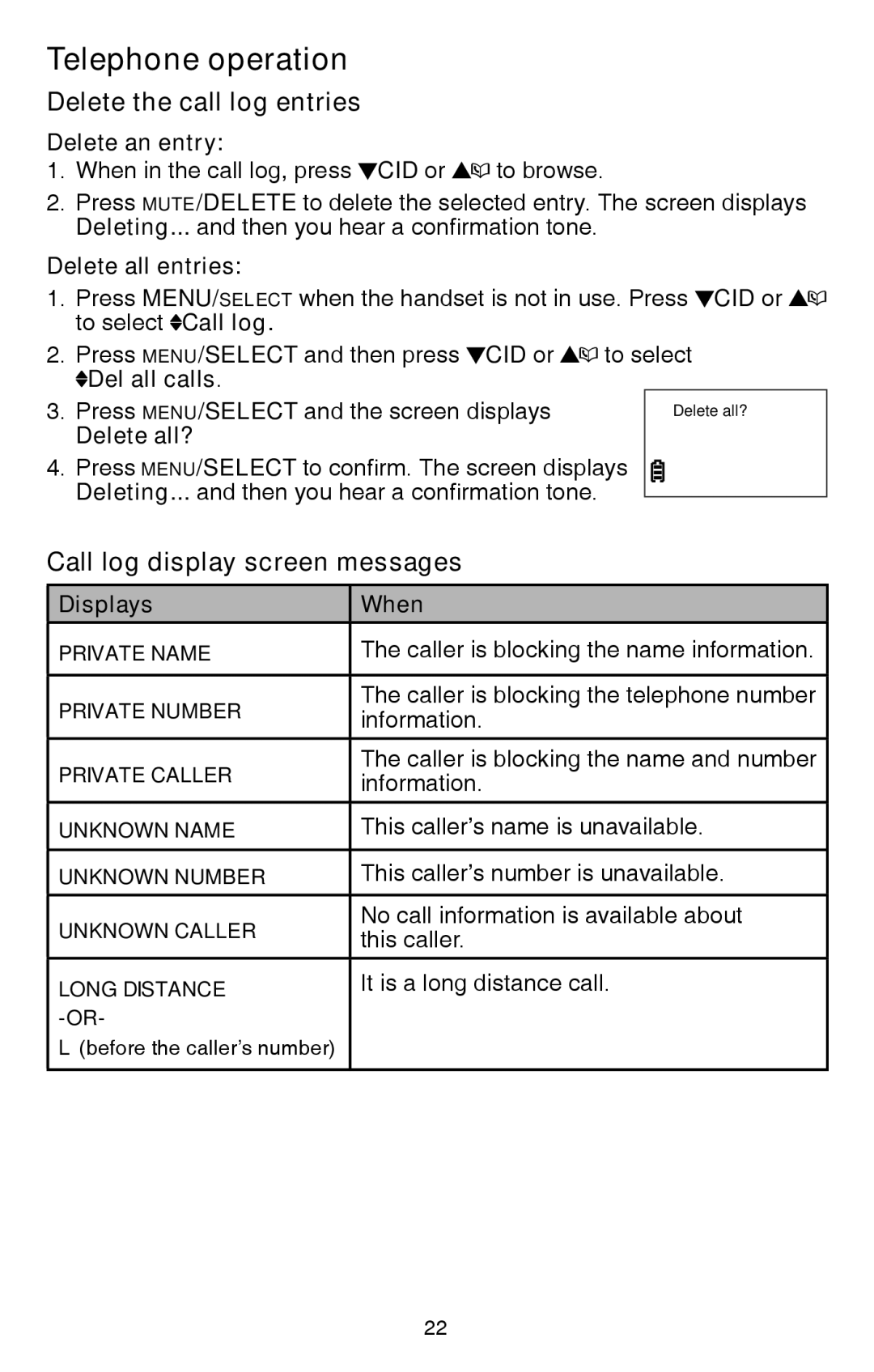 VTech CS6114 user manual Delete the call log entries, Call log display screen messages 