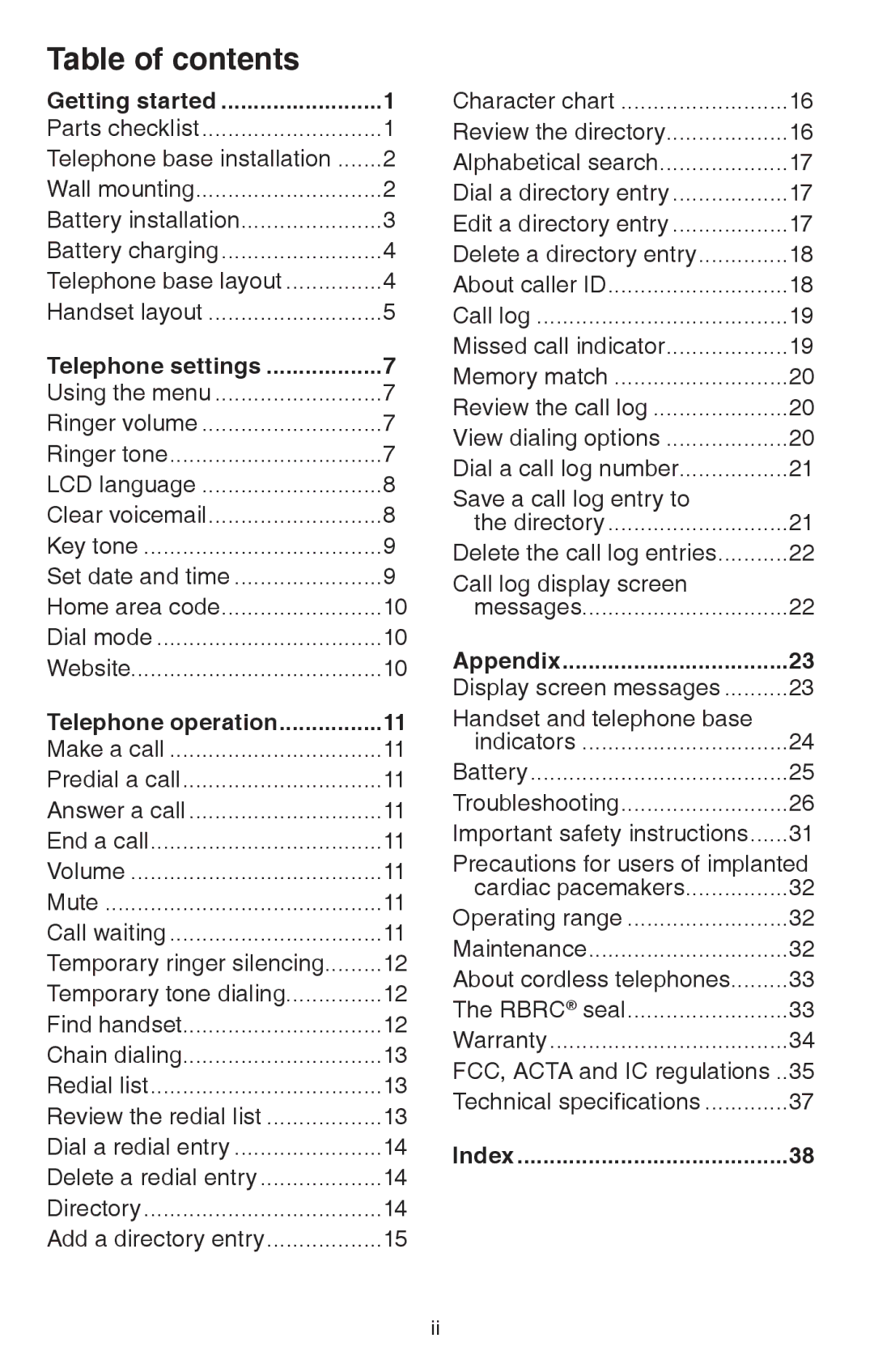 VTech CS6114 user manual Table of contents 