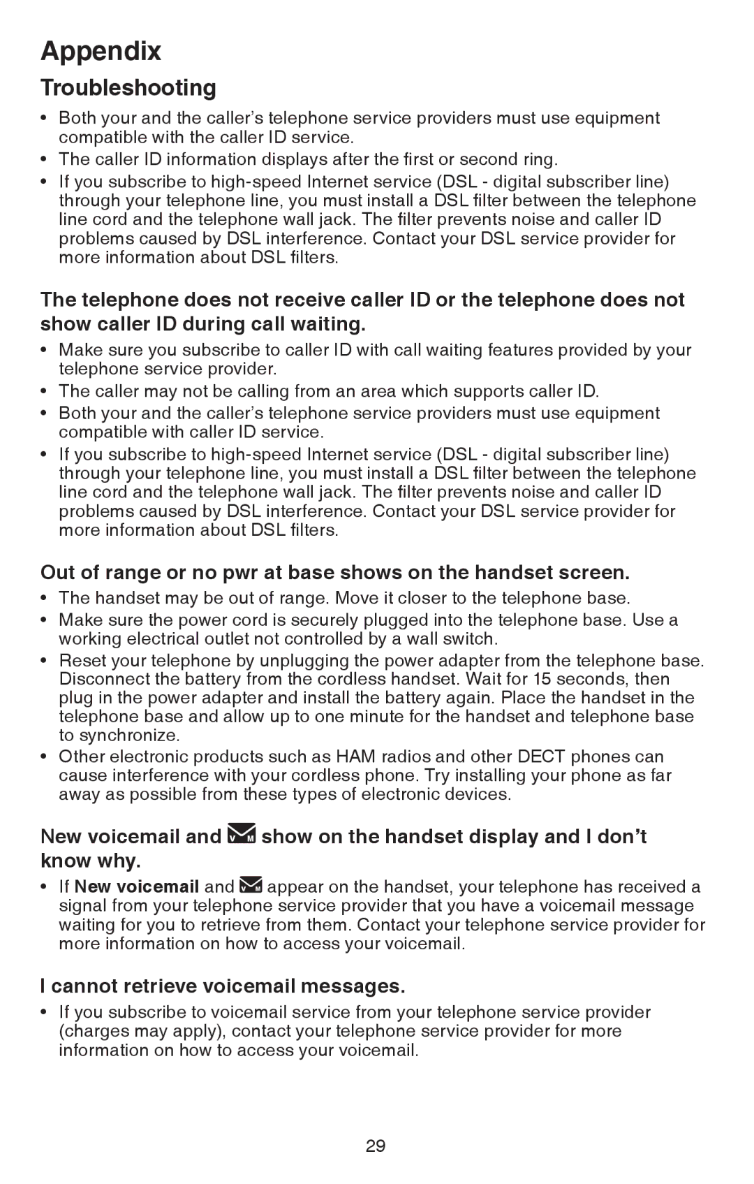 VTech CS6114 user manual Out of range or no pwr at base shows on the handset screen, Cannot retrieve voicemail messages 