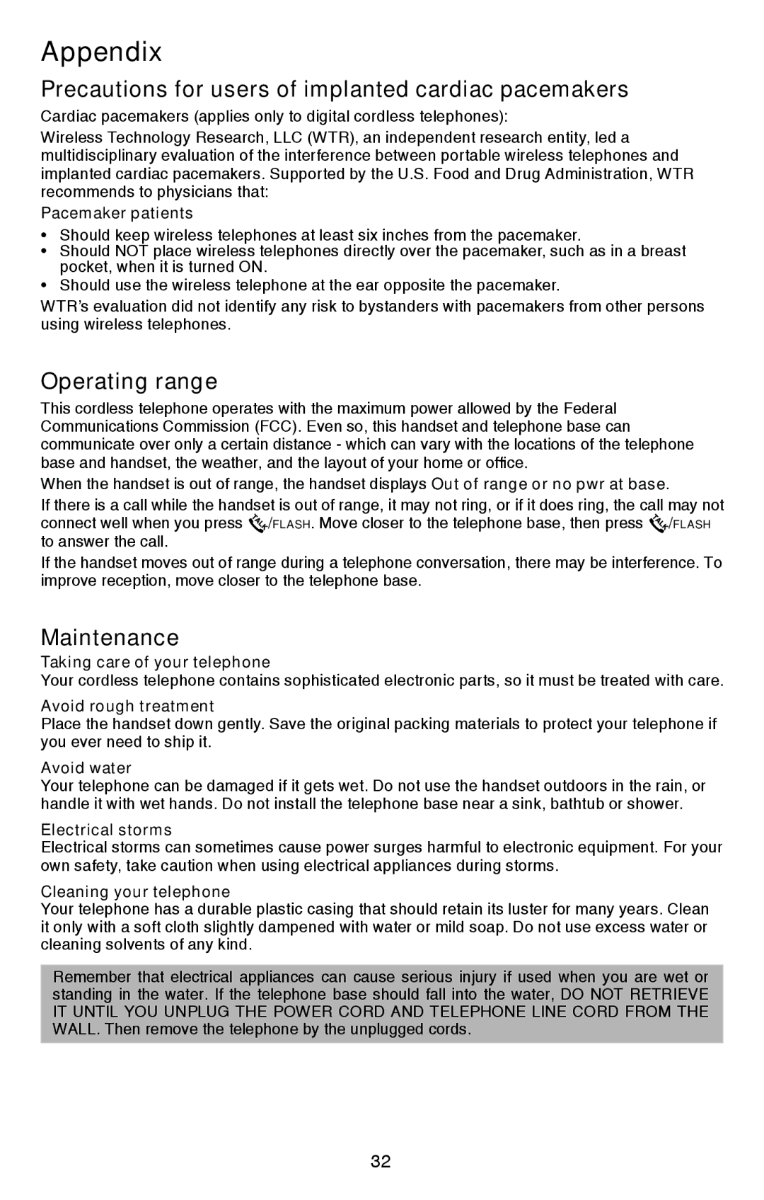 VTech CS6114 user manual Precautions for users of implanted cardiac pacemakers, Operating range, Maintenance 