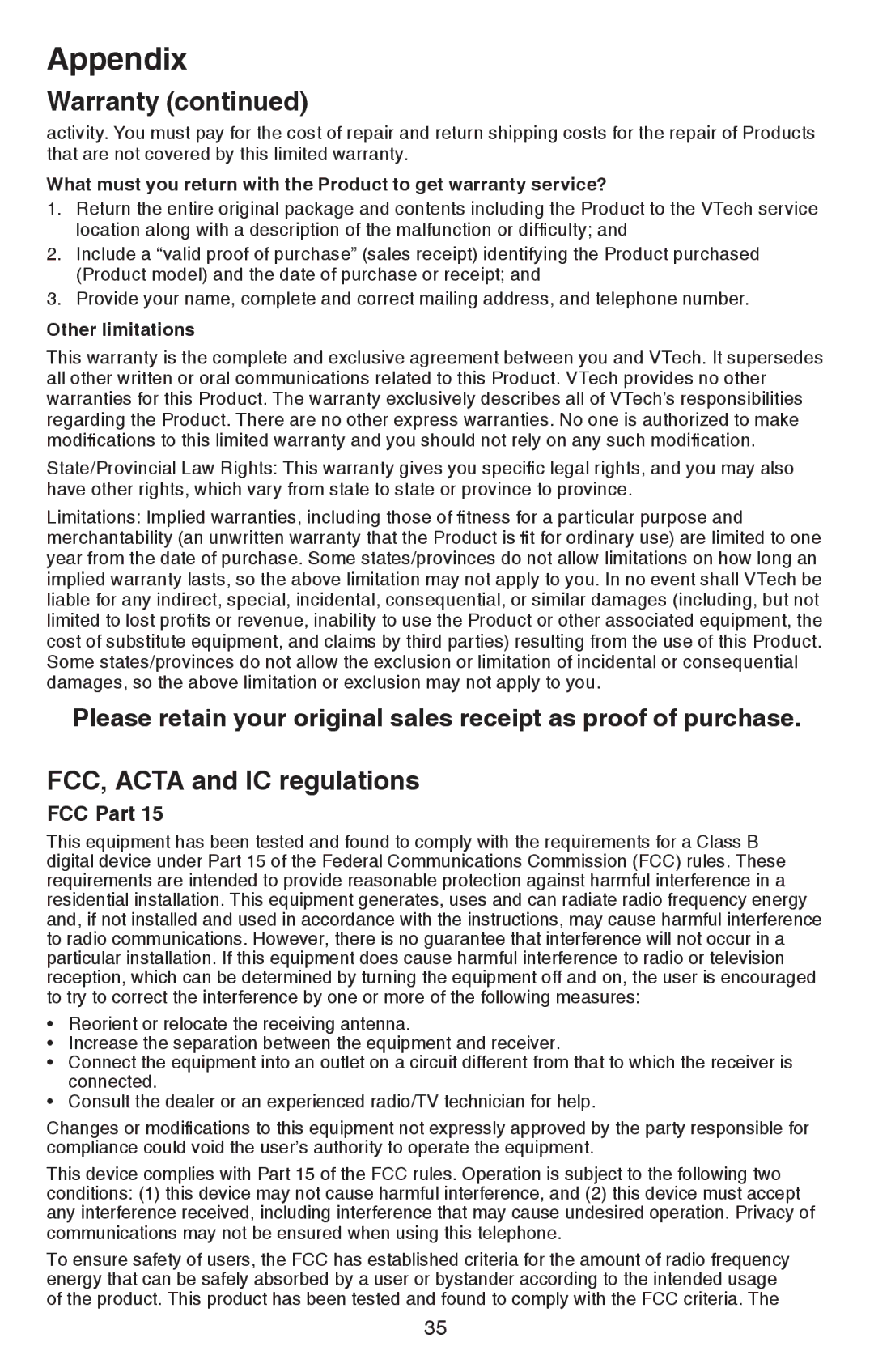 VTech CS6114 user manual FCC Part 