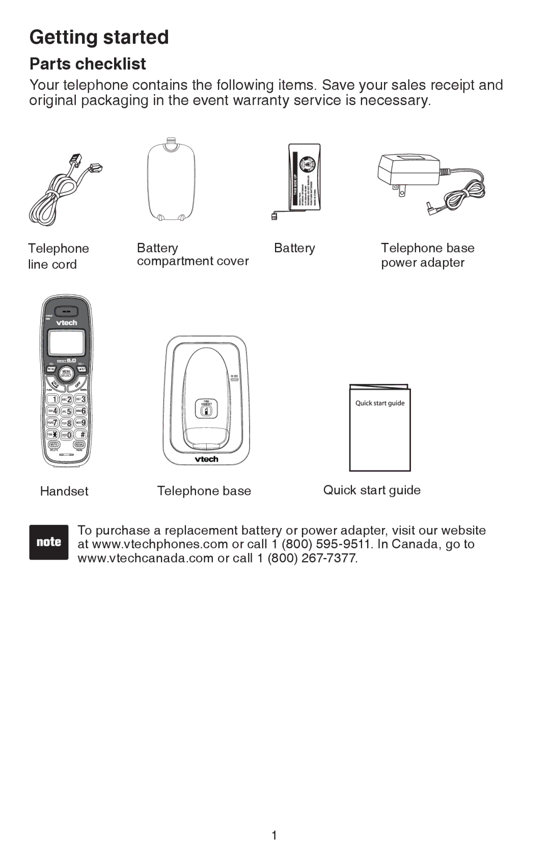 VTech CS6114 user manual Getting started, Parts checklist 